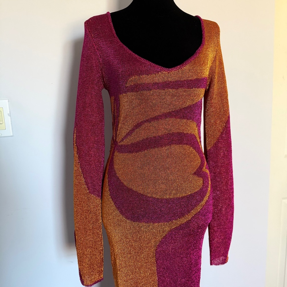 Fashion Nova Long Sleeve Shimmer Bodycon Dress in Pink and Orange Gold - Picture 4 of 10